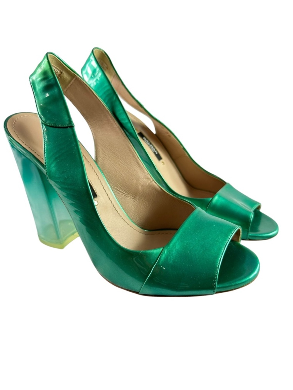 BALDAN Green Patent Leather Slingback Peep Toe Block Heel Pumps Women EU 38 8